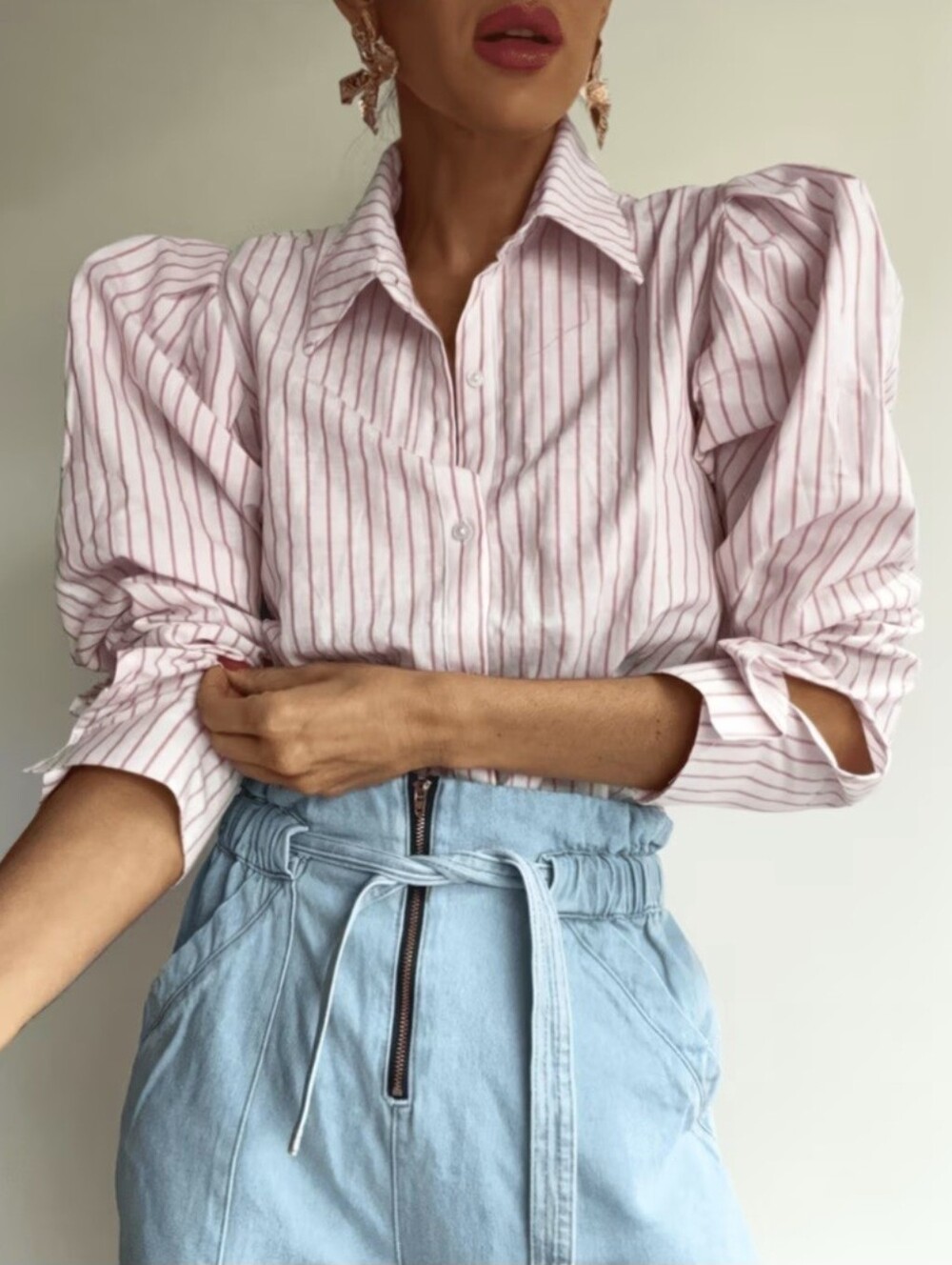 Women'S Pink Striped Button- Shirt, Elegant Puff Long Sleeve Lapel Collar Blouse